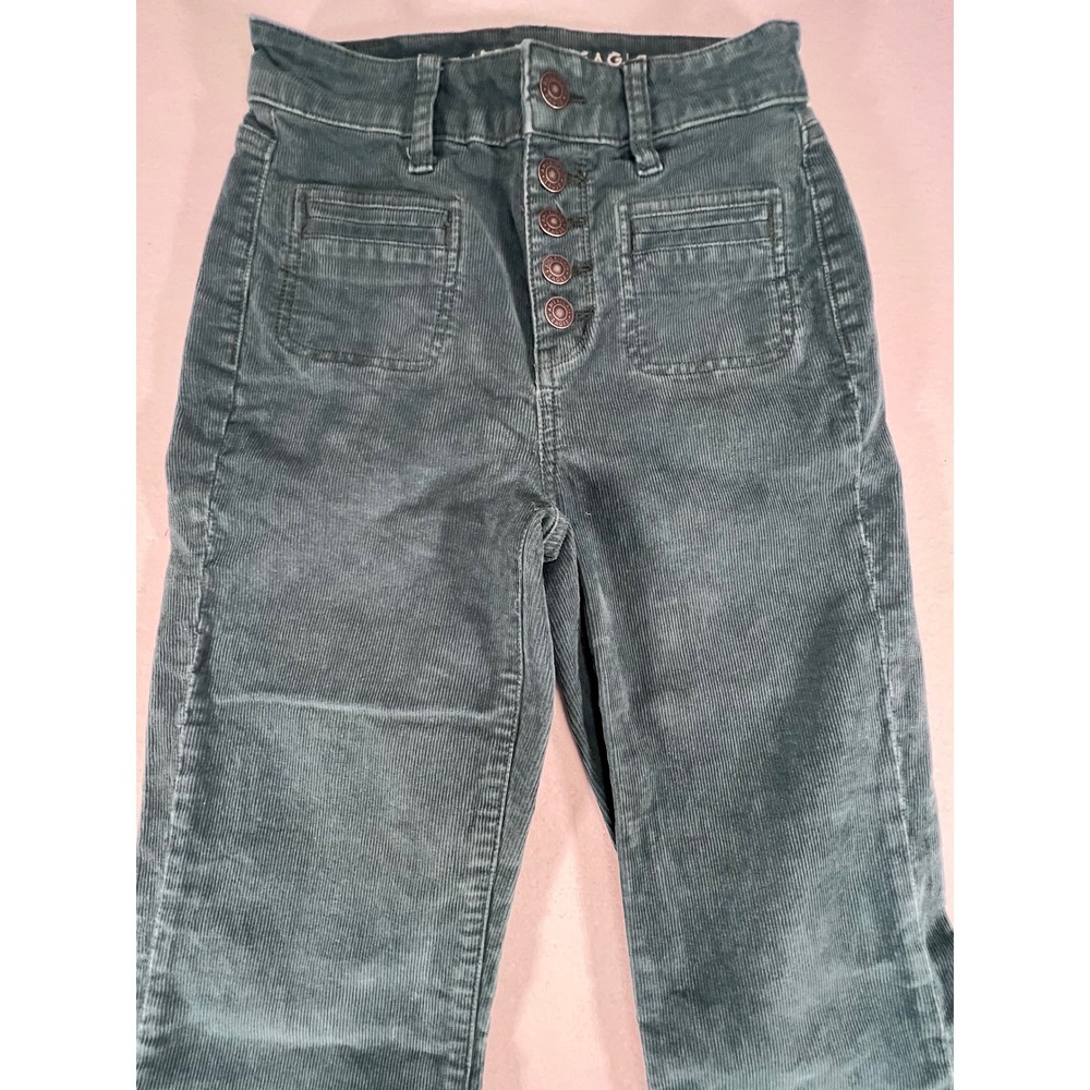American Eagle Super Hi-Rise Flare Corduroy Pants Teal Green Size 00 Button Fly - Picture 4 of 9